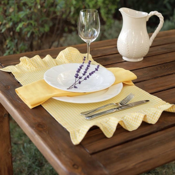 Yellow Gingham Placemat with Delightful Ruffle Detailing, Placemats Set of 4, Water and Stain Resistance Linen Placemats, Mothers Day Gift