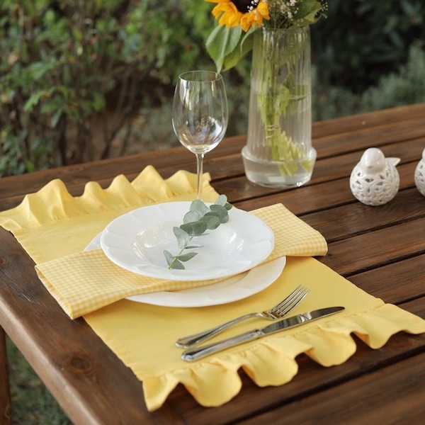 Rustic Yellow Linen Placemats with Delightful Ruffle Detailing, Rustic Placemat Set of 4, 6, Water and Stain Resistance Linen Placemats