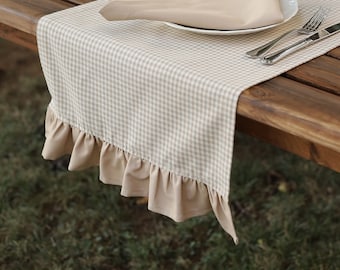 Beige Gingham Table Runner with Ruffled Edges, Table Runner Handmade, Linen Table Decor, Water Repellent Table Runner