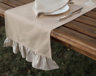 Beige Rustic Table Runner with Ruffled Edges / Ruffled Long Linen Table Runner / Farmhouse Table Runner / Home Decor / Custom Size