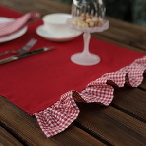 Red Linen Table Runner with Ruffled Edge: Vintage Table Decor