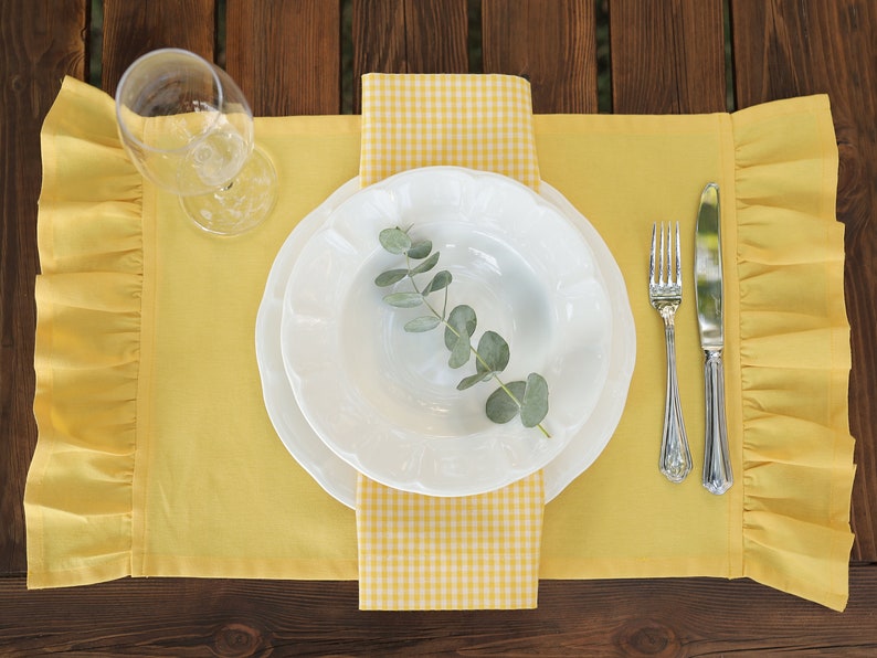 Rustic Yellow Placemats with Delightful Ruffle Detailing, Placemats Set of 4, Water and Stain Resistance Linen Placemats, Mothers Day Gift image 2