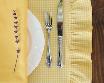 Yellow Gingham Placemats wiith Sweet Ruffled, Yellow Picnic Decor, Lemon Checkered Lovers
