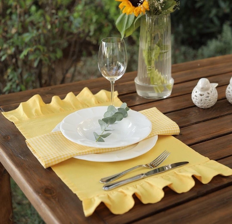 Rustic Yellow Placemats with Delightful Ruffle Detailing, Placemats Set of 4, Water and Stain Resistance Linen Placemats, Mothers Day Gift image 1