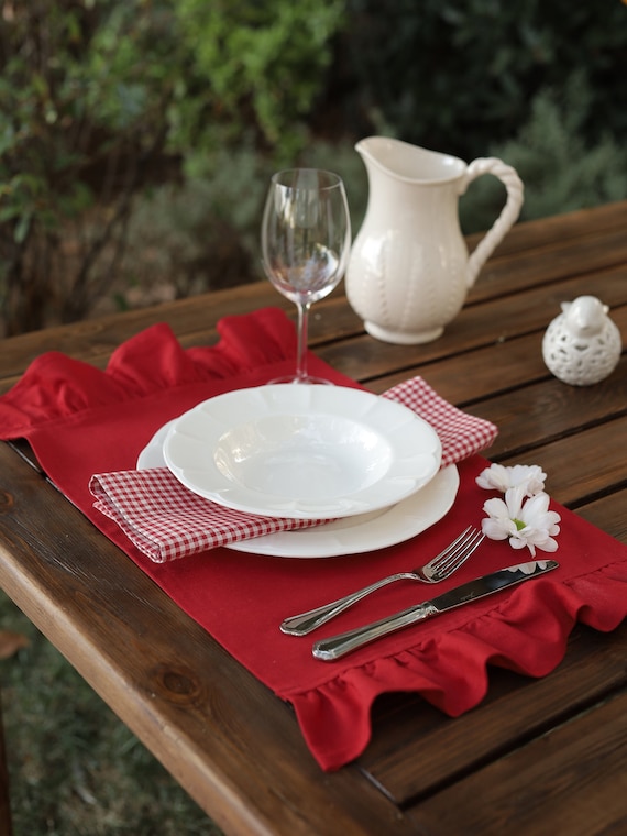 Rustic Red Placemats With Delightful Ruffle Detailing, Water and