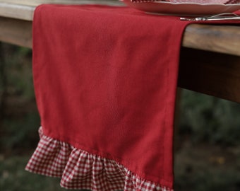 Red Rustic Linen Table Runner with Ruffled Edges, Handmade Table Runner, Linen Table Decor, Water Repellent Table Runner