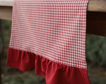 Red Gingham Table Runner with Ruffled Edges, Table Runner Handmade, Linen Table Decor, Water Repellent Table Runner