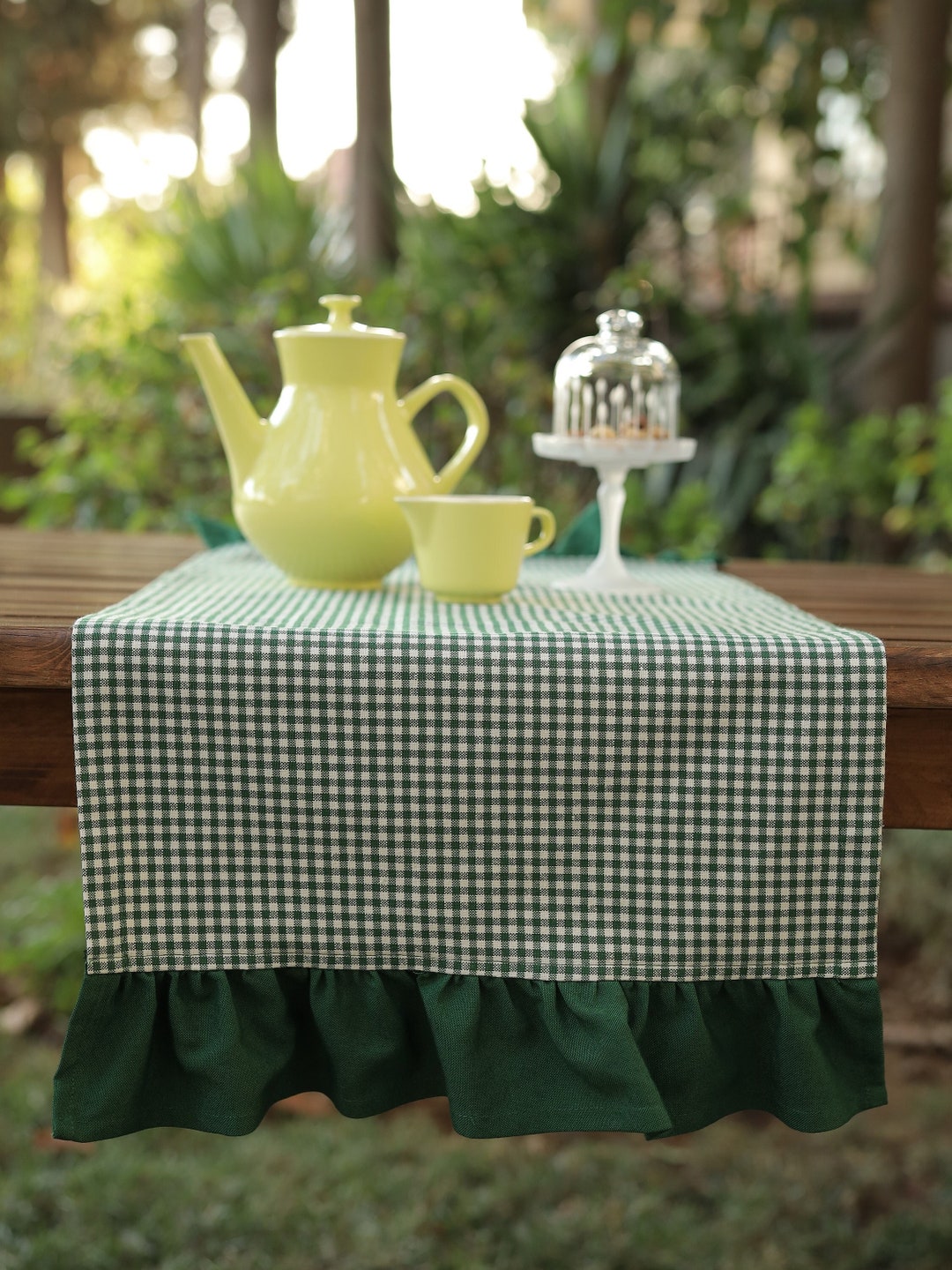 Green Gingham Table Runner With Ruffled Edges, Table Runner Handmade