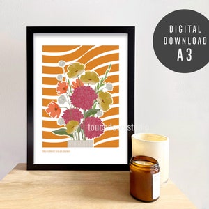 A3 / Naranja / Floral Bloom / Minimal / Wavy Art Print / Descarga digital