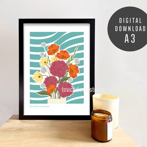 A3 / Teal / Floral Bloom / Minimal / Wavy Art Print / Digital Download