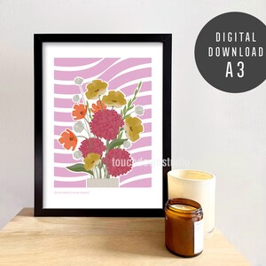 A3 / Rosa / Floral Bloom / Minimal / Wavy Art Print / Descarga digital