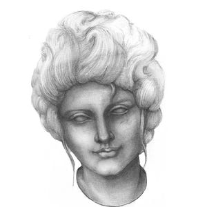 Puede incluir: Un dibujo a lápiz de la cabeza y los hombros de una mujer. La mujer tiene un peinado grande y elaborado y una expresión suave y gentil.