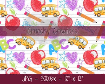 May include: A seamless pattern featuring a school bus, apples, pencils, stars, hearts, and the letters ABC. The background is a white sheet of notebook paper with blue lines. The text "Do Amazing Things!" is written in black.