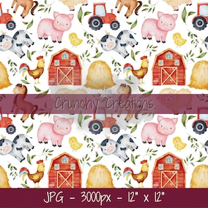 Vers le bas sur le papier numérique de la ferme, ferme des fichiers sans couture pour tissu, motif répétitif, aquarelle animaux de la ferme, téléchargement numérique de tracteur rouge