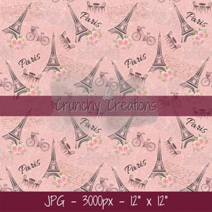 Papel digital París rosa, archivo sin costuras para tela, patrón repetitivo, diseño sin costuras de la Torre Eiffel, fondo rosa brillante, cumpleaños en París