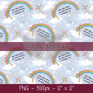 Für dieses Kind haben wir gebetet, Bibel-Vers-nahtlose Dateien für Stoff, sich wiederholendes Muster, Regenbogen-Baby-Babyparty, religiöses digitales Papier