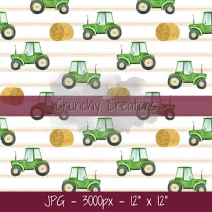 Tracteur sans couture, fichiers sans couture pour tissu, Sublimation de ferme, Shower de bébé tracteur vert, Haybale, Boho Farmhouse Clipart, Art de couleur en sourdine