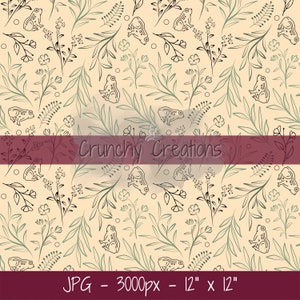 May include: A seamless pattern featuring a repeating design of green leaves, small white flowers, and frogs in a light beige background. The pattern is 12 inches by 12 inches and is 3000 pixels in size. The text "Crunchy Creations" is visible in the center of the image.
