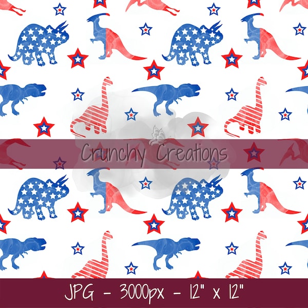 Fourth of July Seamless Files for Fabric, 4th of July Digital Paper, Patriotic Dinosaur, Red White and Blue, Cloth Diaper Pattern, JPG Files