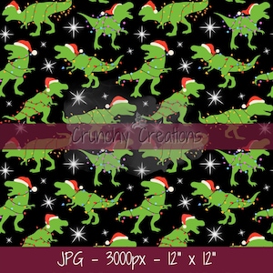 Dinosauro di Natale senza cuciture, carta digitale con luci natalizie, file senza cuciture per tessuto, sublimazione natalizia di dinosauri, file di carta da regalo