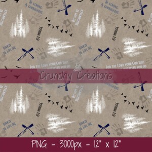 May include: Tan background with repeating patterns of white trees, blue crosses, handprints, and flying birds. Text includes "Be Strong & Courageous," "Do Not Be Discouraged," and "Joshua 1:9." The image is 12 inches by 12 inches.