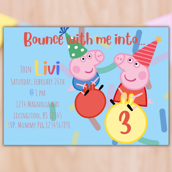 Peppa Pig Party Announcement, Bouncing Pig Birthday Invitation, Kids Colorful Invite, Peppa George Pig Party Invite, Custom Digital Download