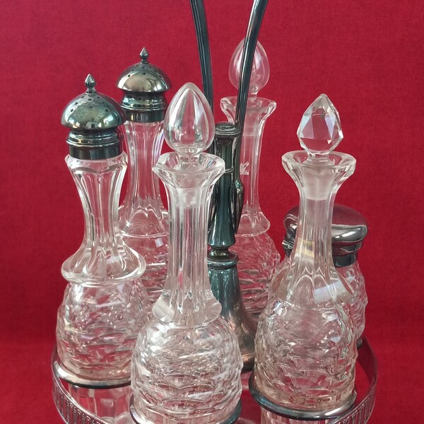 Vintage Glass 6 Piece Cruet Condiment Set Silver Plate