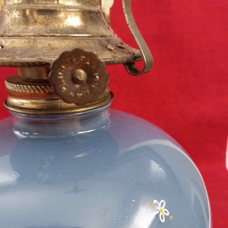 Vintage Oil Lamp With Chimney Blue Glass Base, Country Geese Pattern