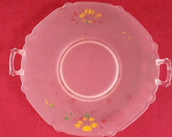 Vintage Pink Frosted Glass Plate With Handles and Hand Painted
