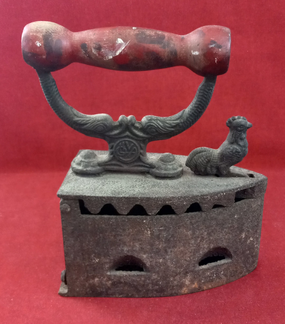 Antique Coal Iron With Rooster Latch Marked OLIVA on Handle With Old