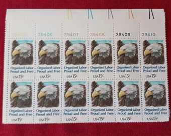 Bald Eagle &quot;Organized Labor Proud And Free&quot; 15 Cent Stamp (#1831) Mint Condition Blocks Of 12