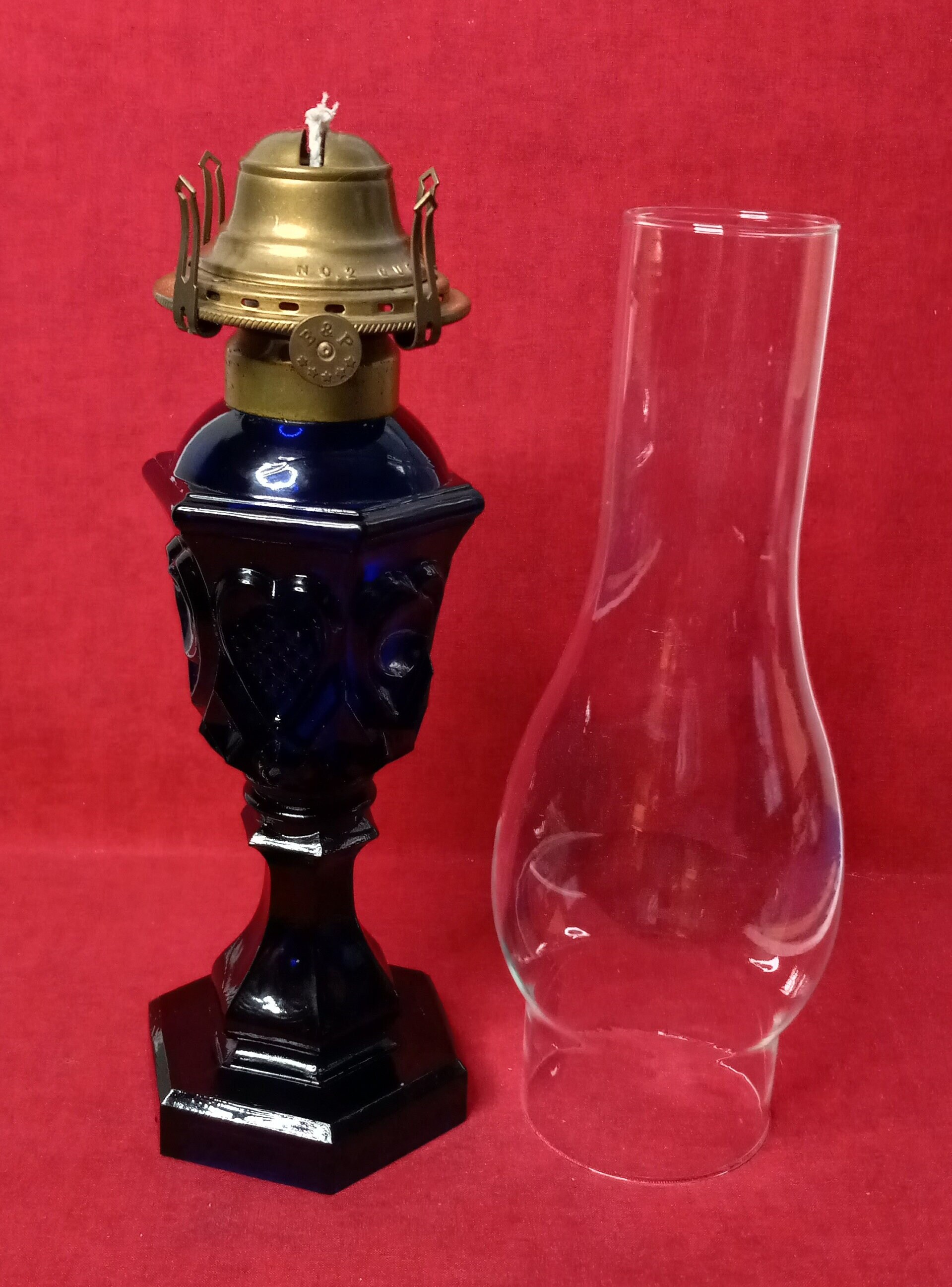Antique Cobalt Blue Sandwich Glass Whale Oil Lamp in the Waffle