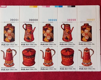 Folk Art &quot;Pennsylvania Toleware&quot; 15 Cent Stamp (#1775-78) 1979 Issue. Mint Condition Blocks of 10