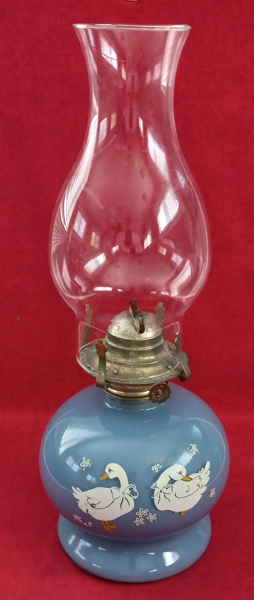 Vintage Oil Lamp With Chimney Blue Glass Base, Country Geese Pattern