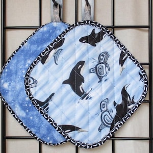 Orca Pot Holders: Haida quilted insulated homemade machine-washable machine-dryable blue black white calves water