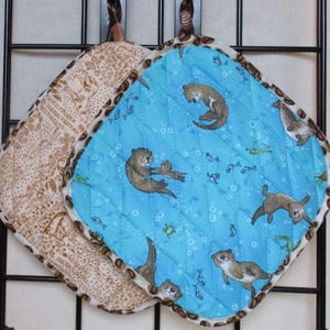 Otters Fish & Frogs Pot Holders Quilted homemade insulated machine-washable machine-dryable green blue brown