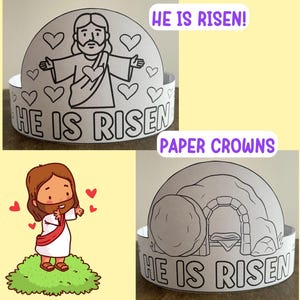 Christian Easter Paper Crown Craft He is Risen Coloring Crown Spring Activity for kids DIY Palm Sunday Coloring Paper Crown Headband Hat