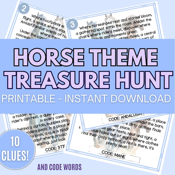 Horse Treasure Hunt printable, Printable Treasure Hunt for Kids, Birthday Hunt Clues, Indoor Scavenger Hunt for kids, Printable Horse Game