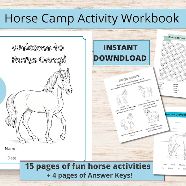 Printable horse camp activity&coloring workbook, horse camp activity booklet, horse activities, digital horse activity sheets for kids