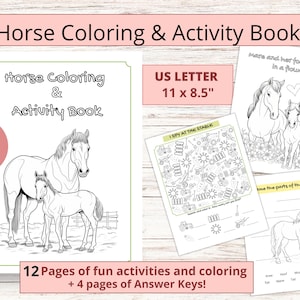 Ausdruckbares Pferde Ausmalbuch für Kinder, Pferde Camp Aktivitätsbuch, Pferde Arbeitsbuch, digitale Pferde Aktivitätsblätter für Kinder