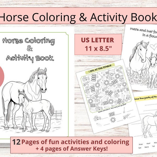 Printable horse coloring&activity book for kids, horse camp activity booklet, horse workbook, digital horse activity sheets for kids