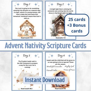 Cartes bibliques de la Nativité pour enfants, cartes versets bibliques, calendrier de l'Avent, cartes bibliques de Noël, cartes bibliques imprimables de la Nativité