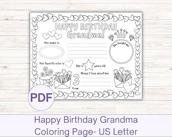 Happy Birthday Grandma Coloring Page, Grandma gift from Grandkids Coloring Card for Grandma Printable Grandparent Card Fill in Birthday Card