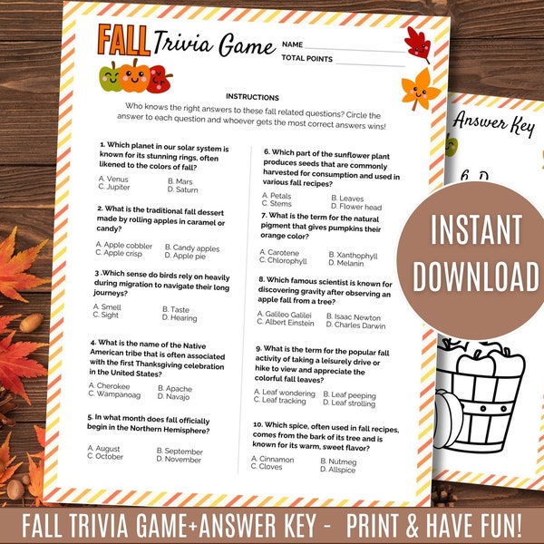 Printable Fall Trivia game, Autumn trivia quiz, Autumn activities for kids, Thanksgiving games, Fall party games, Fall Classroom activities