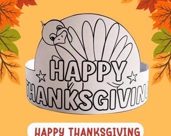 Manualidad de corona para colorear de Acción de Gracias para niños, plantilla imprimible de sombrero de pavo de papel de otoño, diadema de gratitud, actividad para aula preescolar