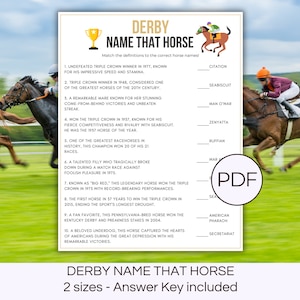 Derby Name That Horse Afdrukbaar spel Paardenrace Derby Party Games Paardenraces Derby Trivia Paardrijden Derby Paardennaam matching game