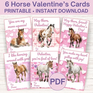 6 druckbare Valentinstagskarten, Klassenzimmer-Valentinstagskarten Pferd, Pferd Grußkarten, Pony-Valentinstagskarten, Reiter-Valentinstagskarten