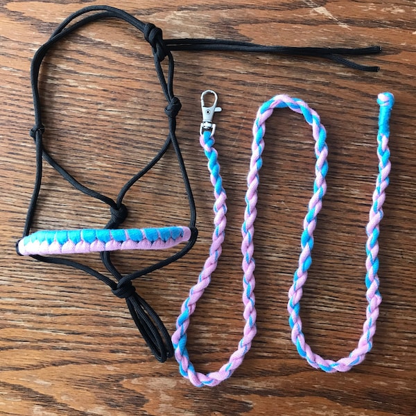 Rope halter and lead rope for hobby horse pink blue, hobby horse tack