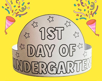 First Day of Kindergarten Coloring Crown Kids Craft Activity, Back to School Paper Hat Template, First Day of School Headband Coloring Page