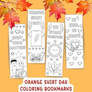 Peut inclure: Ensemble de quatre marque-pages à colorier en noir et blanc avec divers motifs et textes. Les marque-pages incluent les phrases "Every Child Matters", "Orange Shirt Day", "We Stand Together" et "Be Kind, Be Brave".